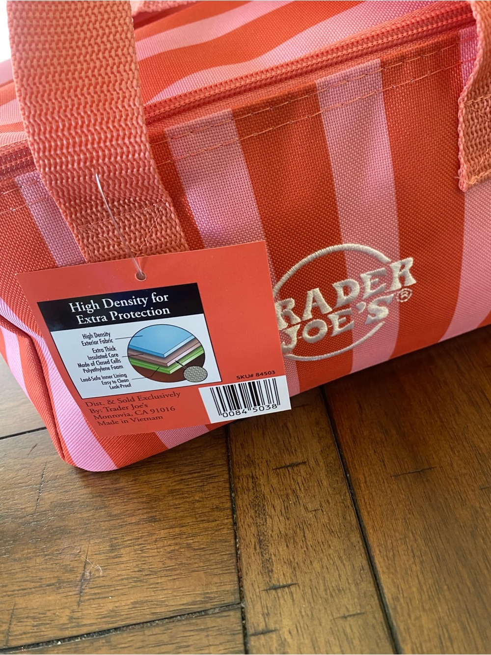 Trader Joe's Pink & Red Striped Insulated Tote - Picture 2 of 5